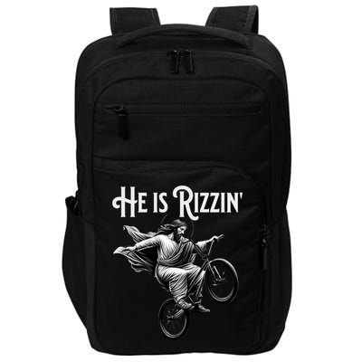 He Is Rizzin Jesus Riding Bmx Bike Funny Bicycle Rizz Impact Tech Backpack