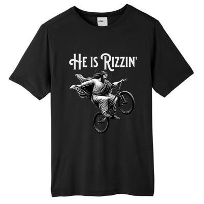 He Is Rizzin Jesus Riding Bmx Bike Funny Bicycle Rizz Tall Fusion ChromaSoft Performance T-Shirt