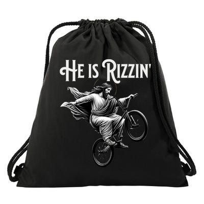He Is Rizzin Jesus Riding Bmx Bike Funny Bicycle Rizz Drawstring Bag