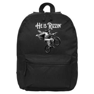 He Is Rizzin Jesus Riding Bmx Bike Funny Bicycle Rizz 16 in Basic Backpack