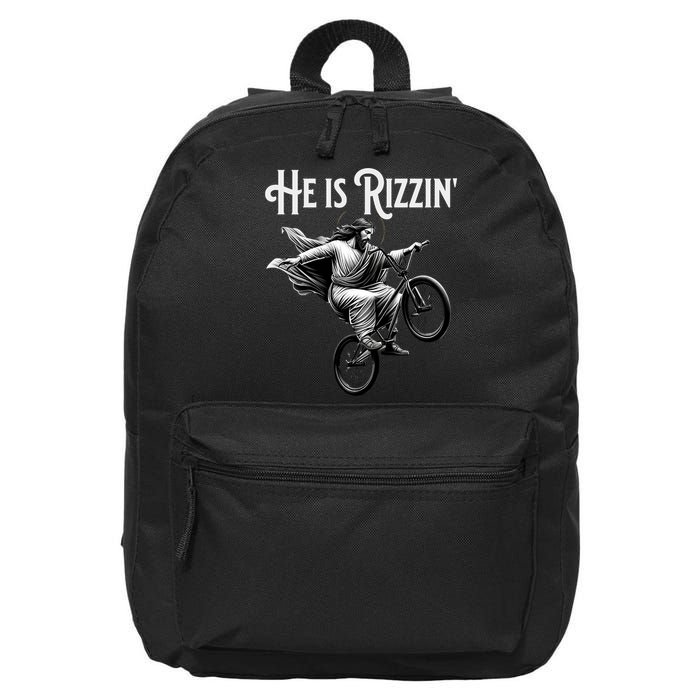 He Is Rizzin Jesus Riding Bmx Bike Funny Bicycle Rizz 16 in Basic Backpack
