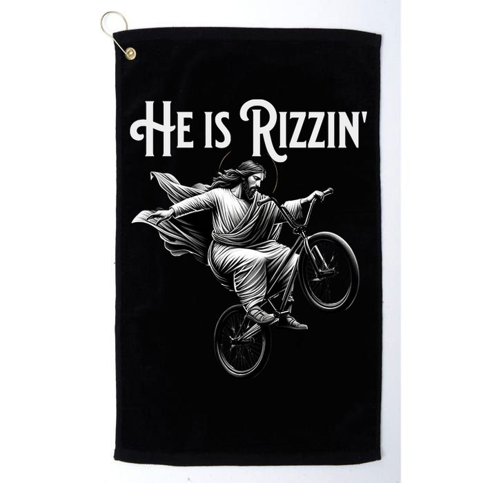 He Is Rizzin Jesus Riding Bmx Bike Funny Bicycle Rizz Golf Towel