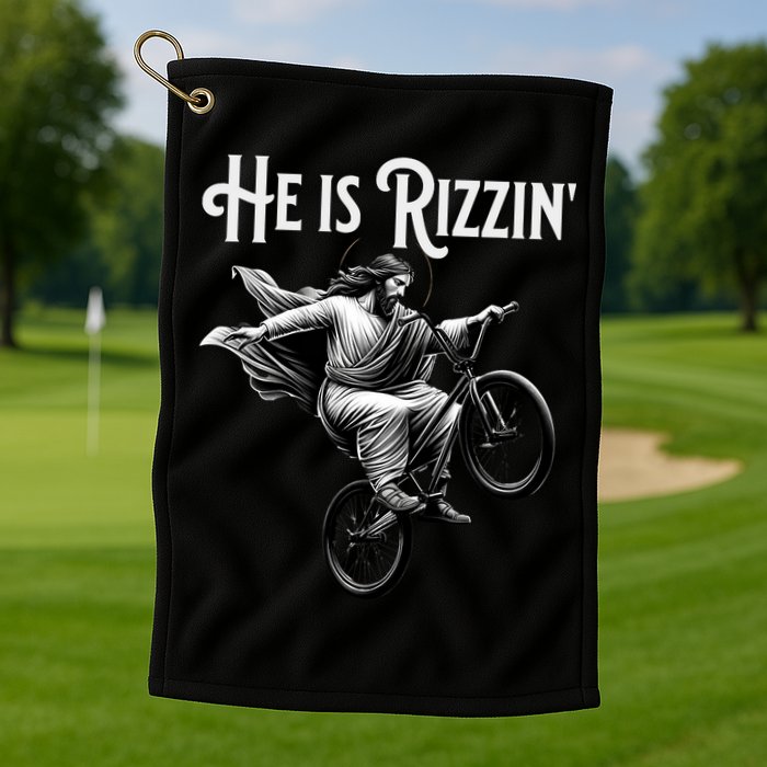 He Is Rizzin Jesus Riding Bmx Bike Funny Bicycle Rizz Golf Towel