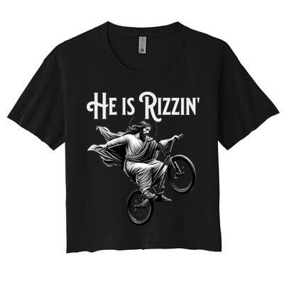 He Is Rizzin Jesus Riding Bmx Bike Funny Bicycle Rizz Women's Crop Top Tee