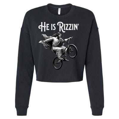 He Is Rizzin Jesus Riding Bmx Bike Funny Bicycle Rizz Cropped Pullover Crew