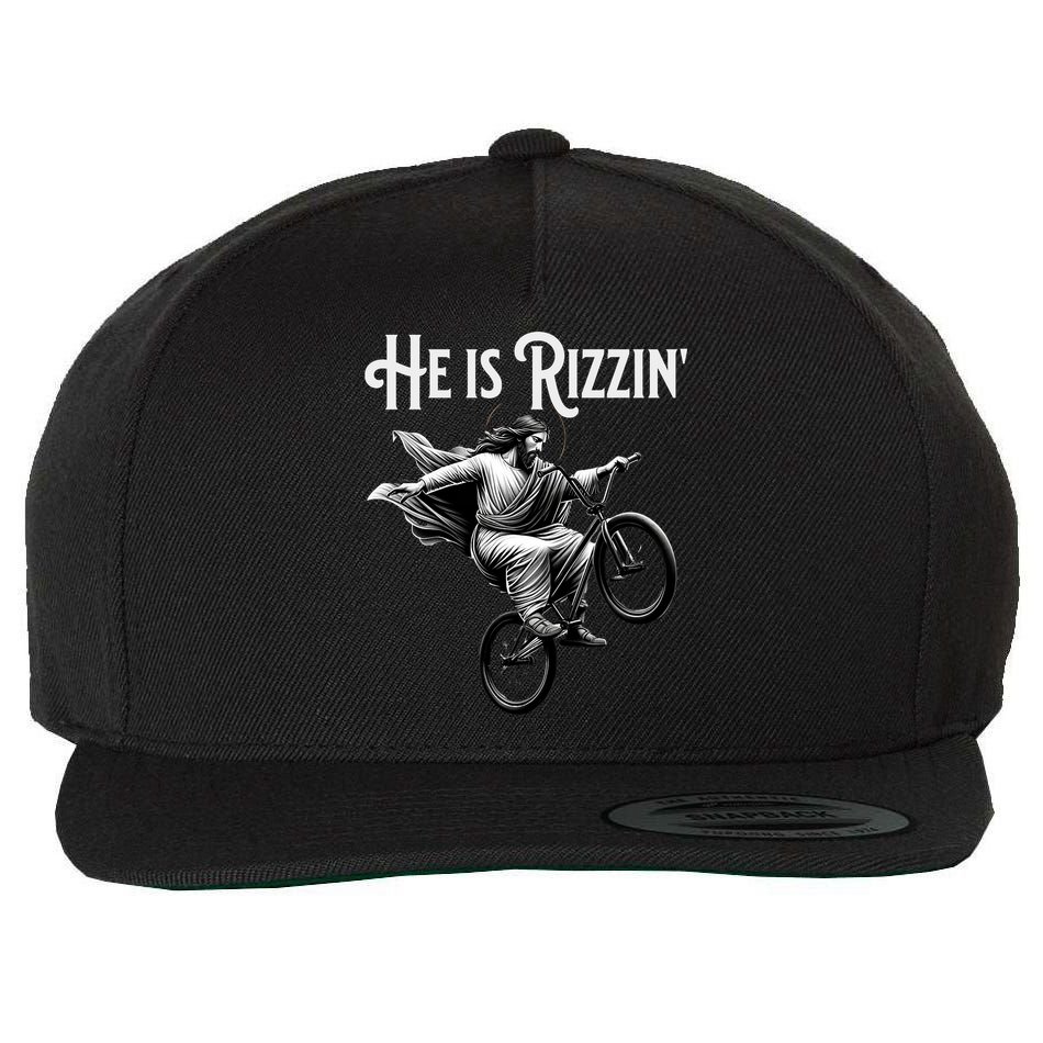 He Is Rizzin Jesus Riding Bmx Bike Funny Bicycle Rizz Wool Snapback Cap