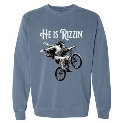 He Is Rizzin Jesus Riding Bmx Bike Funny Bicycle Rizz Garment-Dyed Sweatshirt