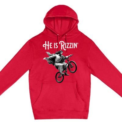 He Is Rizzin Jesus Riding Bmx Bike Funny Bicycle Rizz Premium Pullover Hoodie