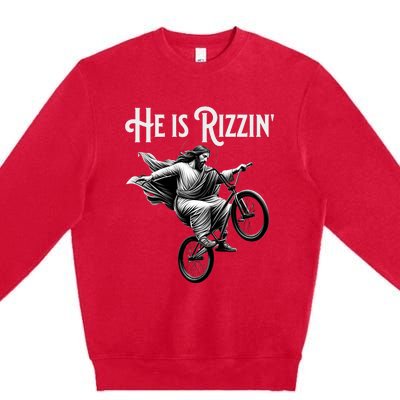 He Is Rizzin Jesus Riding Bmx Bike Funny Bicycle Rizz Premium Crewneck Sweatshirt