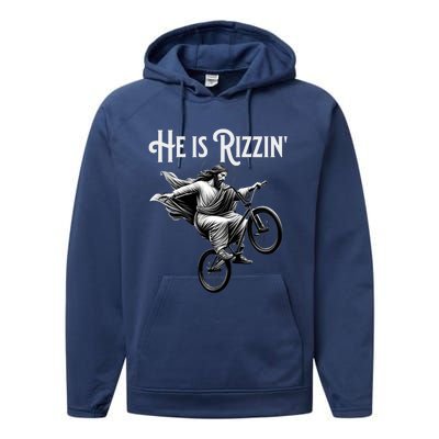 He Is Rizzin Jesus Riding Bmx Bike Funny Bicycle Rizz Performance Fleece Hoodie