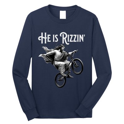 He Is Rizzin Jesus Riding Bmx Bike Funny Bicycle Rizz Long Sleeve Shirt