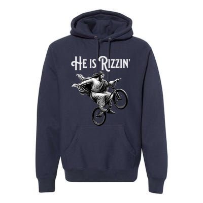 He Is Rizzin Jesus Riding Bmx Bike Funny Bicycle Rizz Premium Hoodie