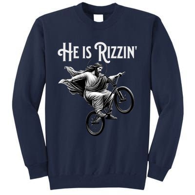 He Is Rizzin Jesus Riding Bmx Bike Funny Bicycle Rizz Tall Sweatshirt