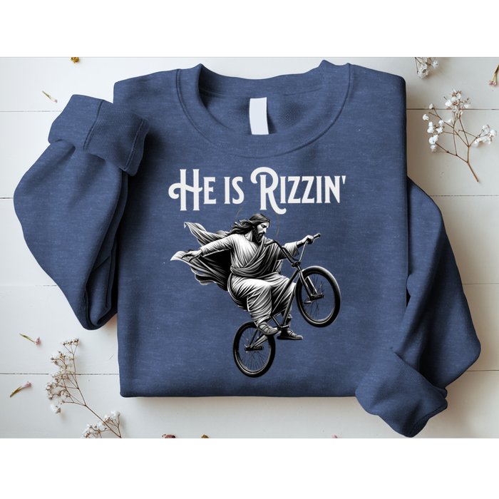 He Is Rizzin Jesus Riding Bmx Bike Funny Bicycle Rizz Sweatshirt
