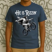 He Is Rizzin Jesus Riding Bmx Bike Funny Bicycle Rizz T-Shirt