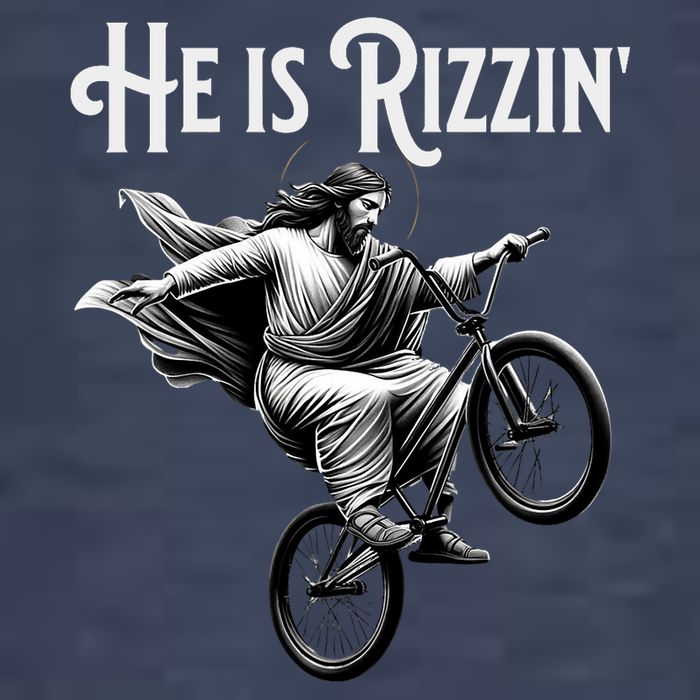 He Is Rizzin Jesus Riding Bmx Bike Funny Bicycle Rizz T-Shirt
