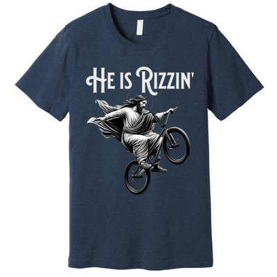 He Is Rizzin Jesus Riding Bmx Bike Funny Bicycle Rizz Premium T-Shirt