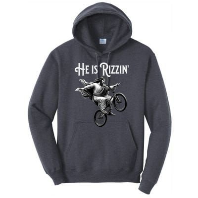 He Is Rizzin Jesus Riding Bmx Bike Funny Bicycle Rizz Tall Hoodie