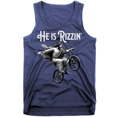 He Is Rizzin Jesus Riding Bmx Bike Funny Bicycle Rizz Tank Top
