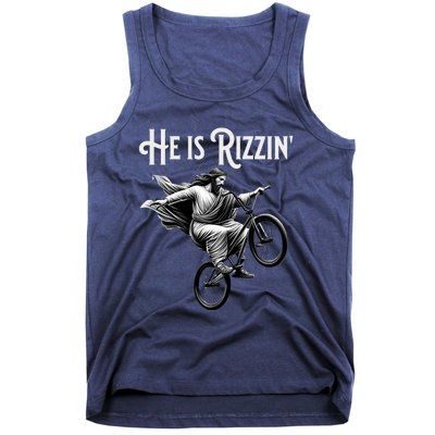 He Is Rizzin Jesus Riding Bmx Bike Funny Bicycle Rizz Tank Top