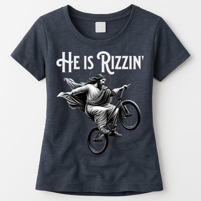 He Is Rizzin Jesus Riding Bmx Bike Funny Bicycle Rizz Womens T-Shirt