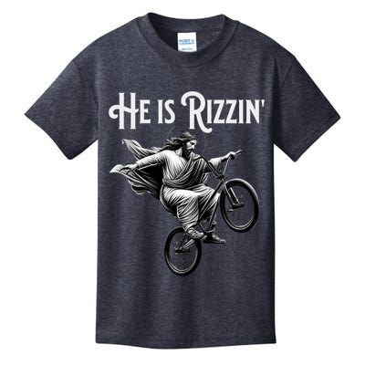 He Is Rizzin Jesus Riding Bmx Bike Funny Bicycle Rizz Kids T-Shirt