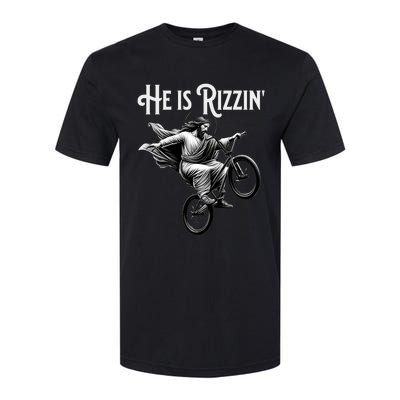 He Is Rizzin Jesus Riding Bmx Bike Funny Bicycle Rizz Softstyle CVC T-Shirt