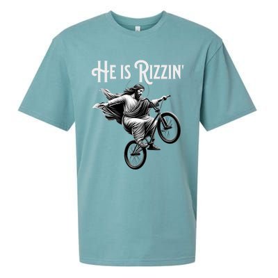 He Is Rizzin Jesus Riding Bmx Bike Funny Bicycle Rizz Sueded Cloud Jersey T-Shirt