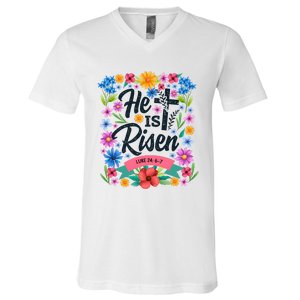 He Is Risen Spring Floral Easter Day V-Neck T-Shirt