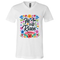 He Is Risen Spring Floral Easter Day V-Neck T-Shirt