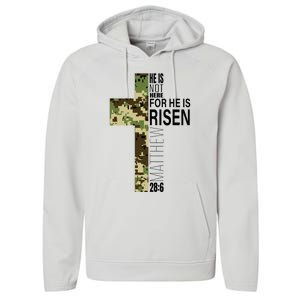 He Is Risen Christian Easter Verse Green Camo Cross Performance Fleece Hoodie