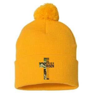 He Is Risen Christian Easter Verse Green Camo Cross Pom Pom 12in Knit Beanie