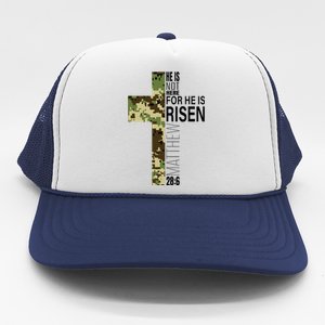 He Is Risen Christian Easter Verse Green Camo Cross Trucker Hat