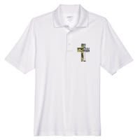 He Is Risen Christian Easter Verse Green Camo Cross Men's Origin Performance Pique Polo