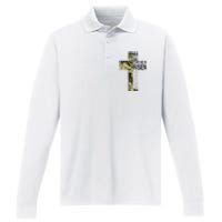 He Is Risen Christian Easter Verse Green Camo Cross Performance Long Sleeve Polo