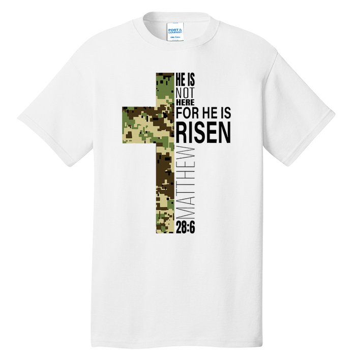 He Is Risen Christian Easter Verse Green Camo Cross Tall T-Shirt