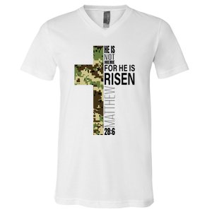 He Is Risen Christian Easter Verse Green Camo Cross V-Neck T-Shirt