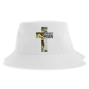 He Is Risen Christian Easter Verse Green Camo Cross Sustainable Bucket Hat