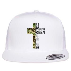 He Is Risen Christian Easter Verse Green Camo Cross Flat Bill Trucker Hat