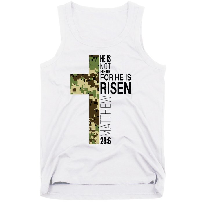 He Is Risen Christian Easter Verse Green Camo Cross Tank Top