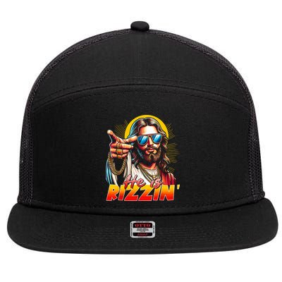 He Is Rizzin' Funny Jesus Christian Happy Easter Eggs  7 Panel Mesh Trucker Snapback Hat