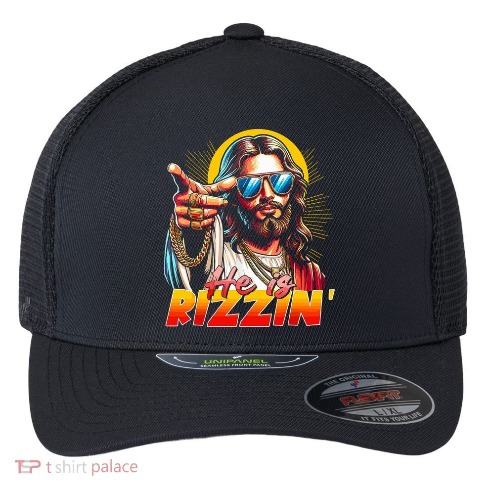 He Is Rizzin' Funny Jesus Christian Happy Easter Eggs  Flexfit Unipanel Trucker Cap