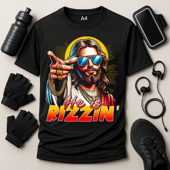 He Is Rizzin' Funny Jesus Christian Happy Easter Eggs  Performance Shirt