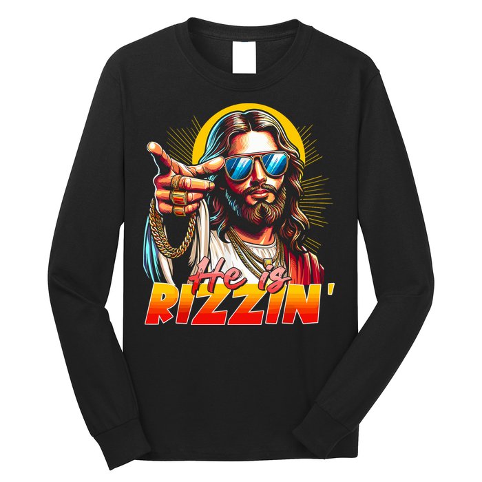 He Is Rizzin' Funny Jesus Christian Happy Easter Eggs  Long Sleeve Shirt