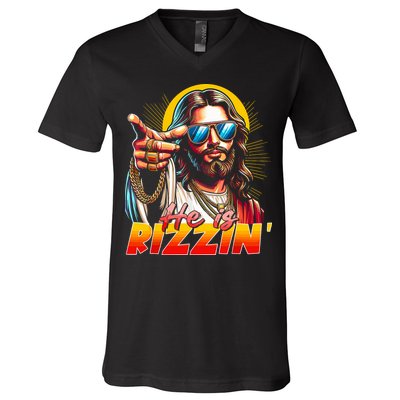 He Is Rizzin' Funny Jesus Christian Happy Easter Eggs  V-Neck T-Shirt