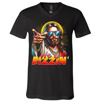 He Is Rizzin' Funny Jesus Christian Happy Easter Eggs  V-Neck T-Shirt