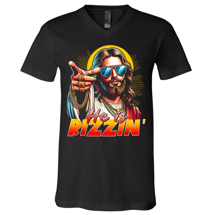 He Is Rizzin' Funny Jesus Christian Happy Easter Eggs  V-Neck T-Shirt