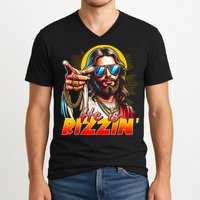 He Is Rizzin' Funny Jesus Christian Happy Easter Eggs  V-Neck T-Shirt