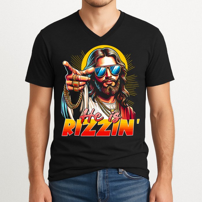 He Is Rizzin' Funny Jesus Christian Happy Easter Eggs  V-Neck T-Shirt