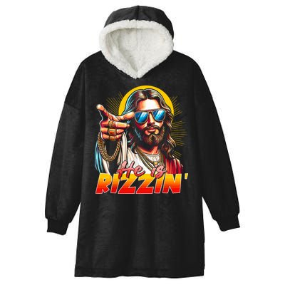 He Is Rizzin' Funny Jesus Christian Happy Easter Eggs  Hooded Wearable Blanket